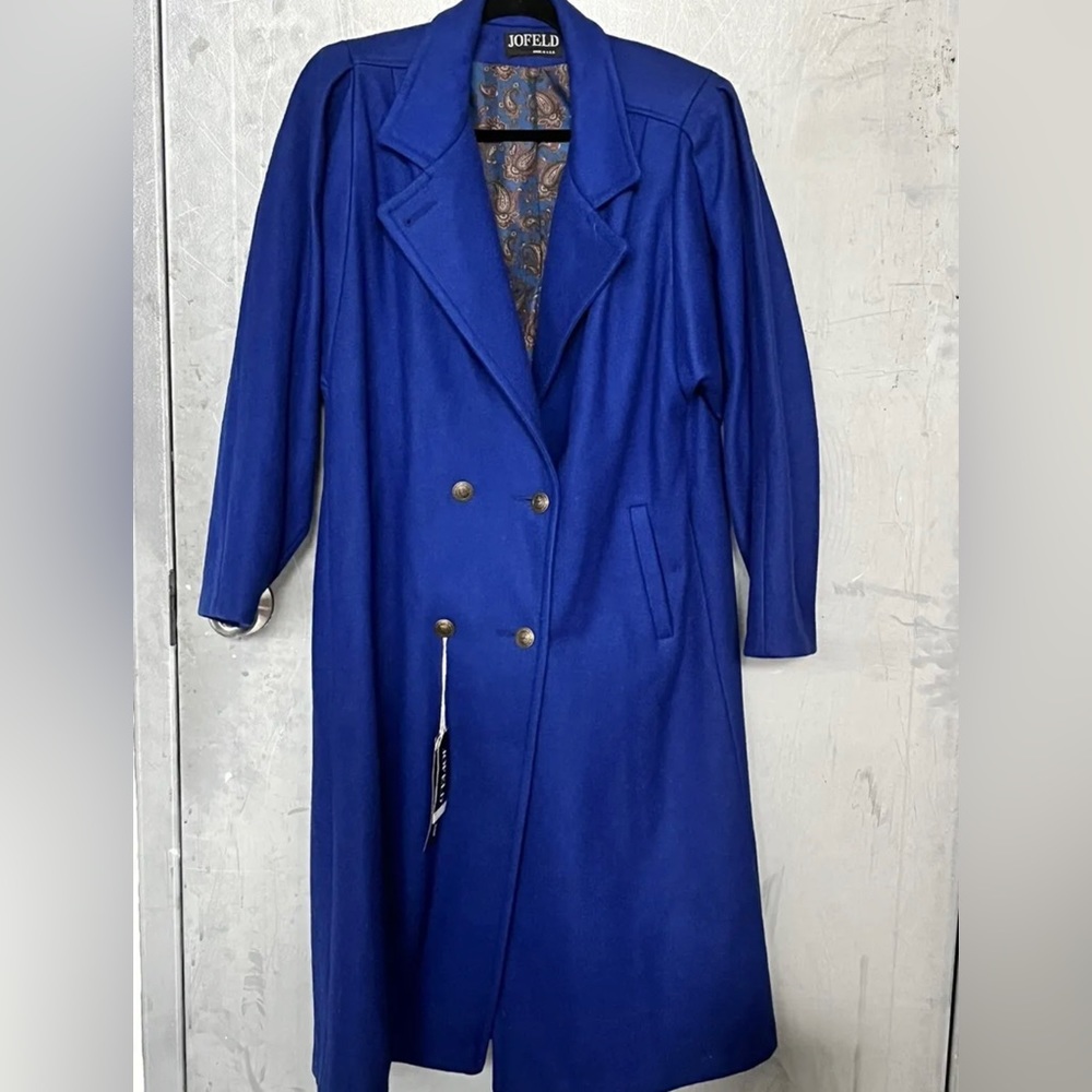 Vintage 80s petite 7/8 royal blue long wool trench coat